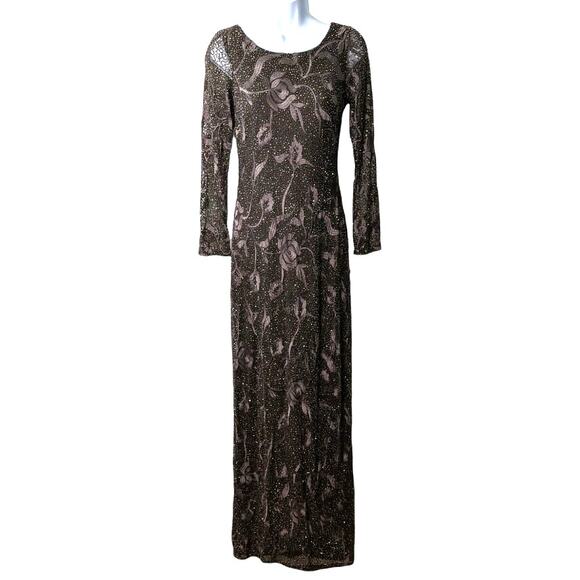 Aidan Mattox Beaded Embroidered Formal Gown Espresso Brown Long Sleeve New 4 - Picture 2 of 14